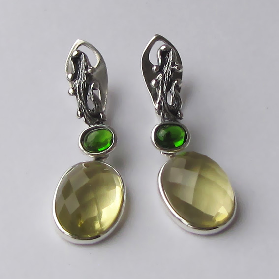 Серьги с цитрином, хромдиопсидом, ОВК410Г