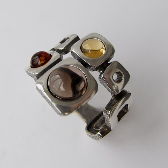 Кольцо с раухтопазом, цитрином, янтарем, арт. 8КВ3