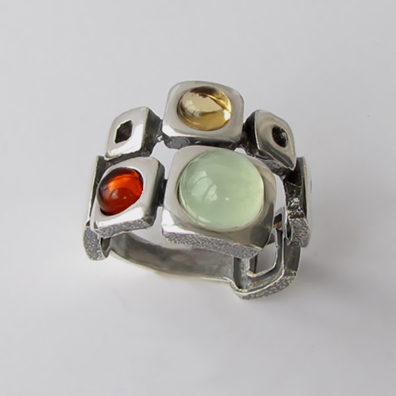 Кольцо с пренитом, цитрином, янтарем, арт.8КВ3
